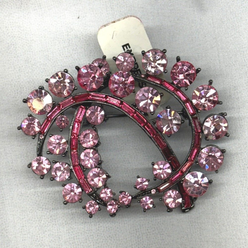 Express Brooch Pin Womens OS Pink NWT Rhinestone Gunmetal Swirl Costume Jewel